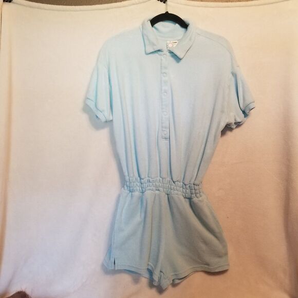 OFFLINE by Aerie XS Romper Light Blue Terry Snap Button-Up Collared  Cover Up - Picture 1 of 12